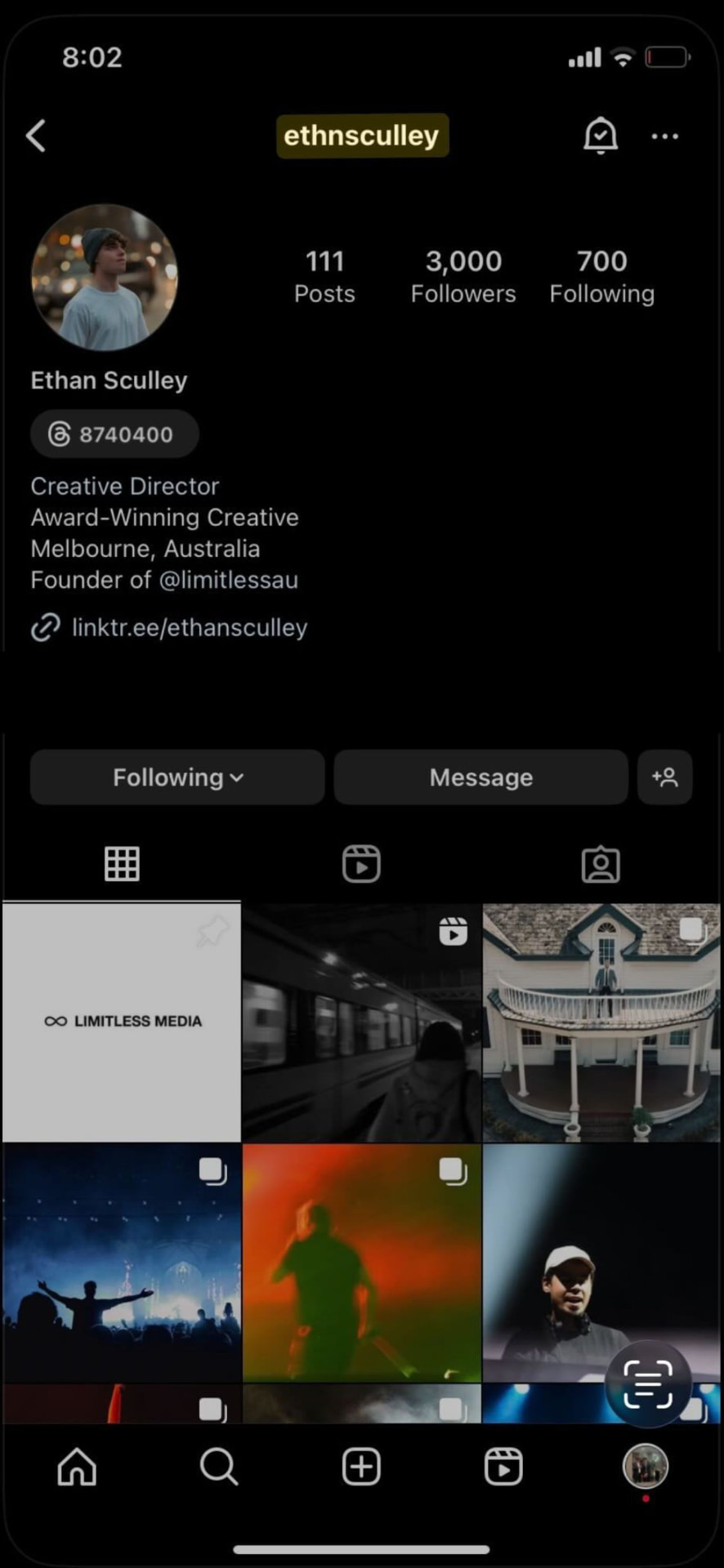Instagram profile of Ethan Sculley showing 3,000 followers before the Trial Reels system