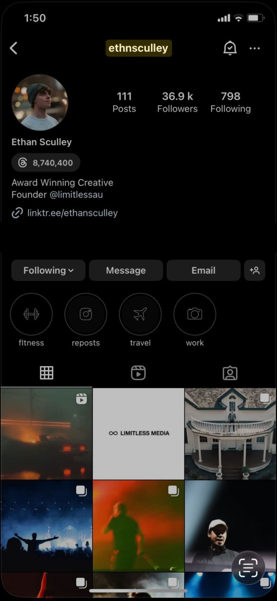 Instagram profile of Ethan Sculley showing 36.9K followers after the Trial Reels system