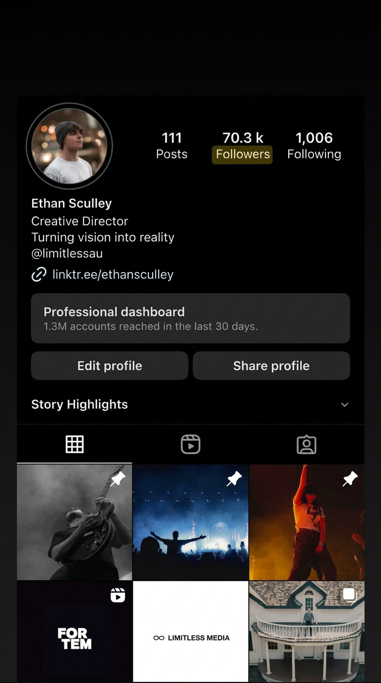 Instagram profile of Ethan Sculley showing 70.3K followers and 1.3M accounts reached in the last 30 days